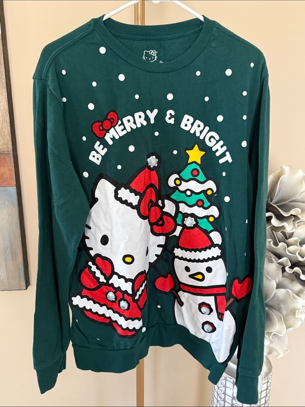 Hello Kitty Green Holiday Sweatshirt with Red, White, Yellow Accents